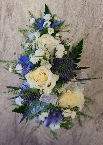 White Spray Roses, Blue Delphinium & Blue Thistle from Anthony's Florist in Laurel, MS