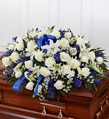 Blue and White Grace Casket Flowers from Anthony's Florist in Laurel, MS