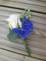 White Rose and Blue Delphinium Boutineer from Anthony's Florist in Laurel, MS